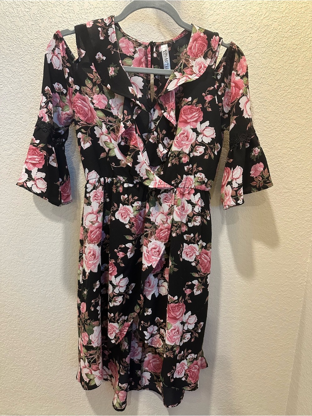 Beautees Black Floral Wrap Midi Dress with Pink Roses